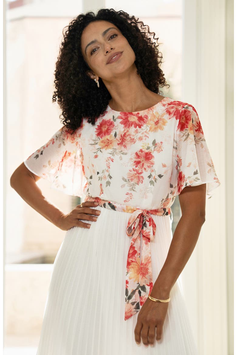 Short Sleeve Pleated Midi Dress, Alternate, color, White, Coral