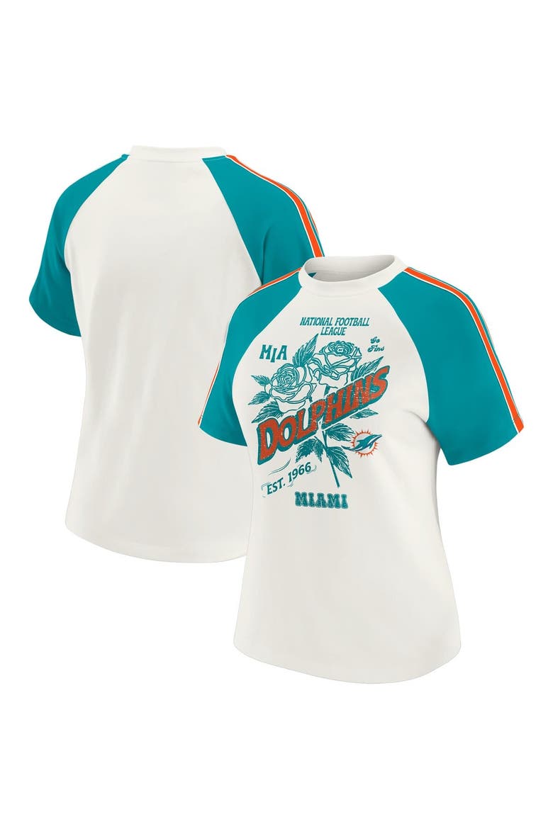 Women's WEAR by Erin Andrews White Miami Dolphins Sleeve Stripe Distressed Raglan T-Shirt, Main, color, White