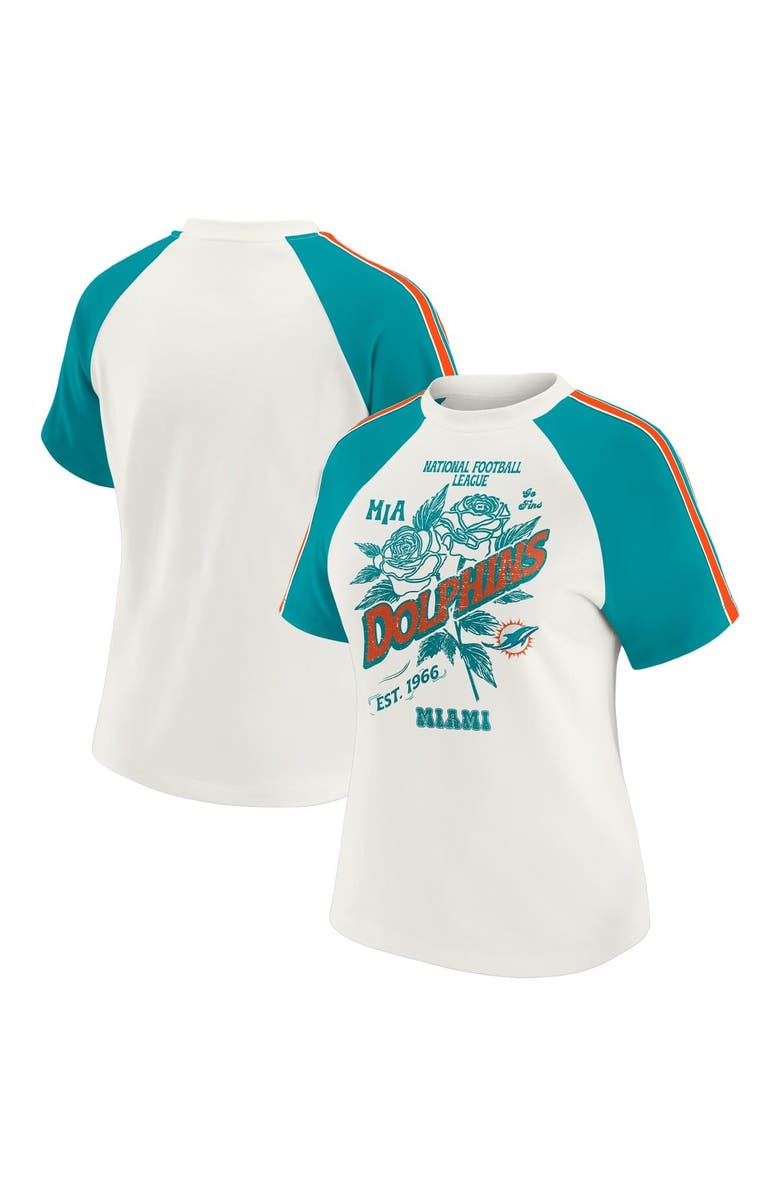 WEAR by Erin Andrews Women's WEAR by Erin Andrews White Miami Dolphins Sleeve Stripe Distressed Raglan T-Shirt, Main, color, White