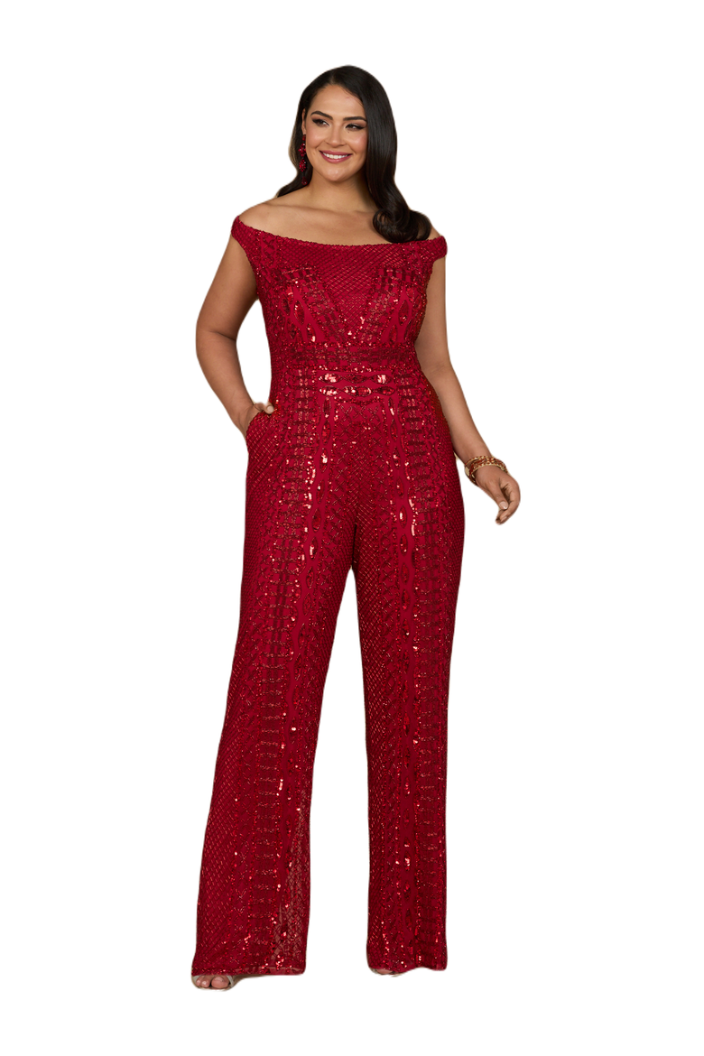 Beaded Off Shoulder Jumpsuit, Alternate, color, Red
