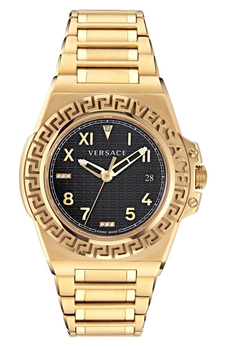 Versace Greca Reaction Diamond Bracelet Watch, 44mm, Main, color, Ip Yellow Gold