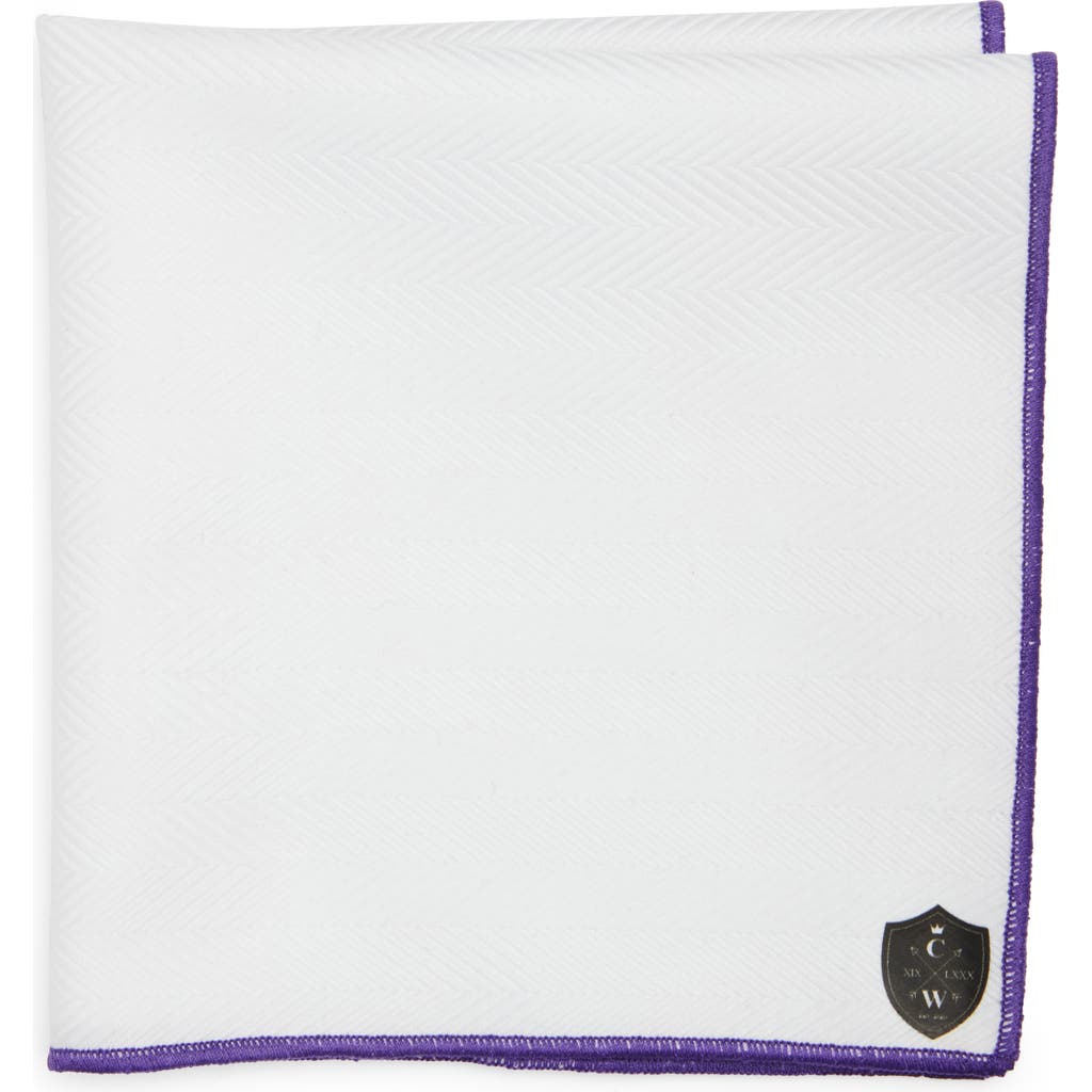 Clifton Wilson White Cotton Herringbone Pocket Square With Purple Trim