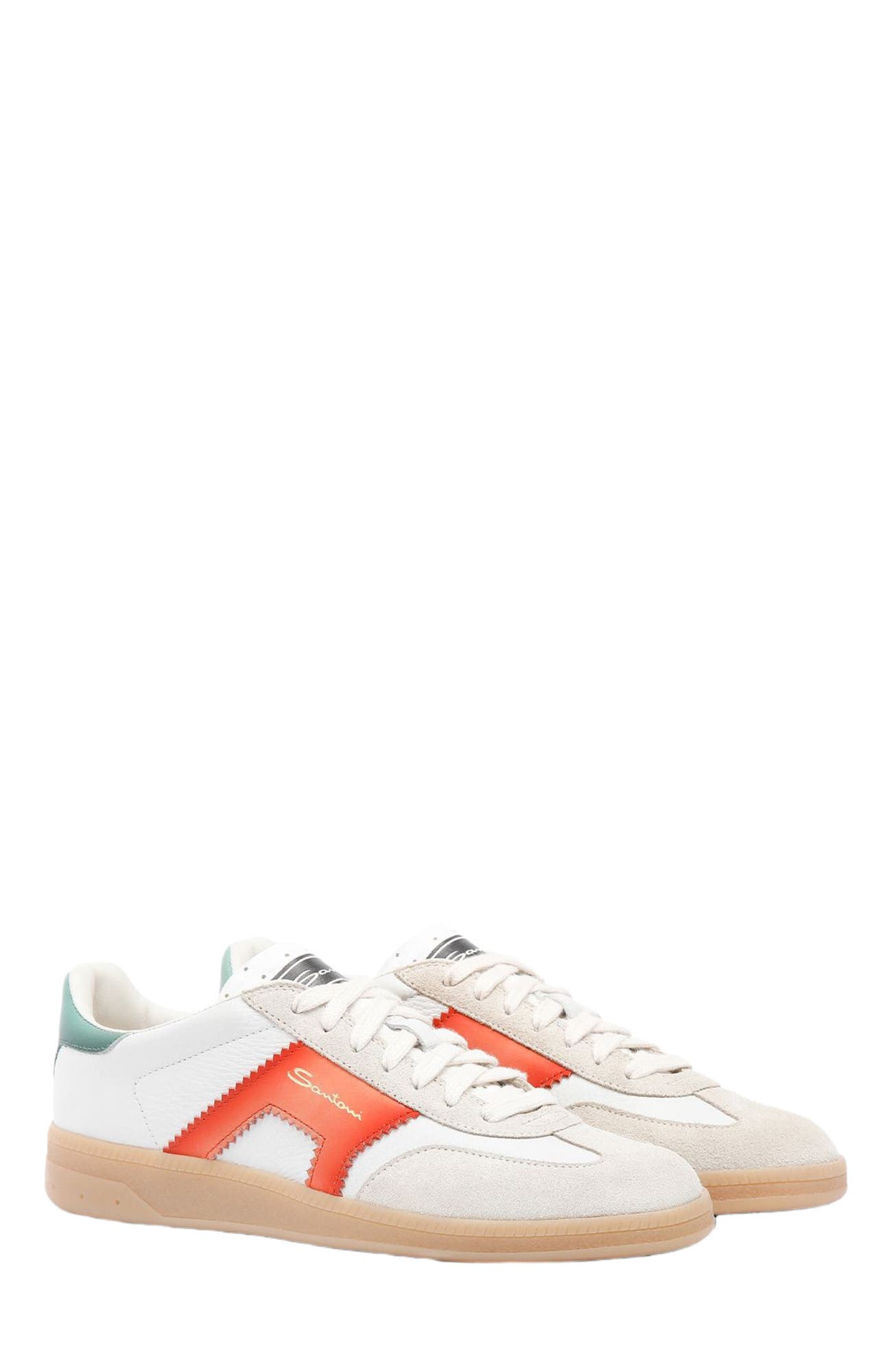 Santoni Women's leather and suede DBS Oly sneaker, Alternate, color, White/ Orange