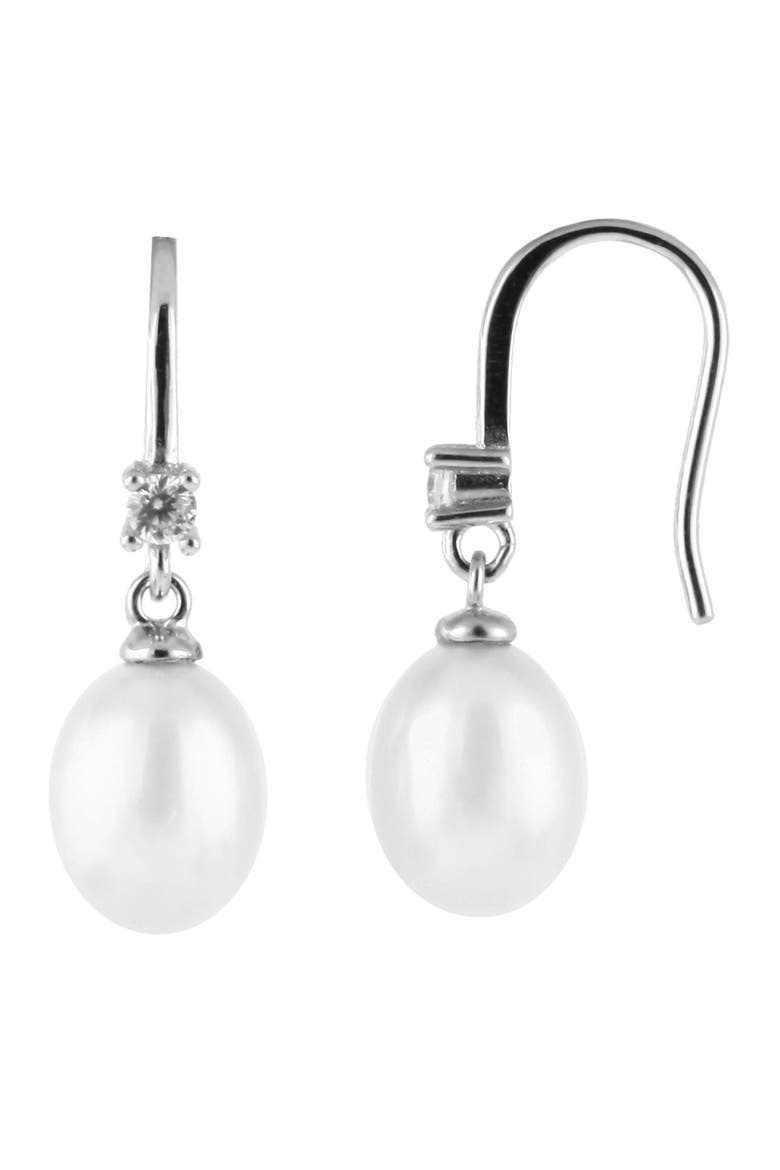 Sterling Silver CZ 7.5-8mm Freshwater Pearl Drop Earrings, Main, color, NATURAL WHITE
