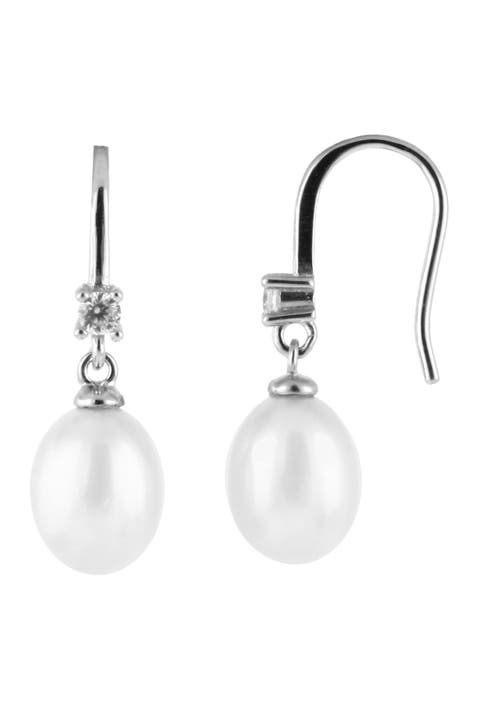 Sterling Silver CZ 7.5-8mm Freshwater Pearl Drop Earrings
