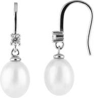 SPLENDID PEARLS Sterling Silver CZ 7.5-8mm Freshwater Pearl Drop Earrings