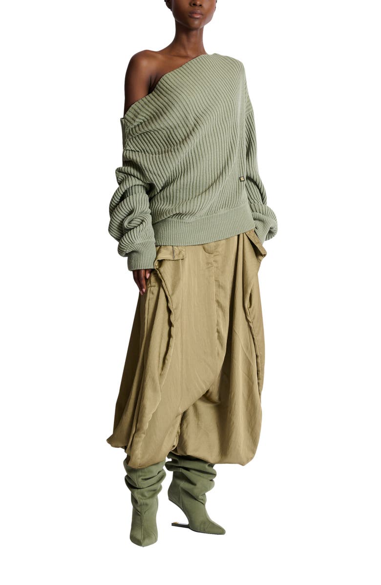 Balmain Draped asymmetrical jumper in ribbed silk knit, Main, color, Green