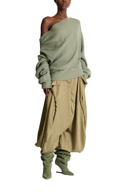 Draped asymmetrical jumper in ribbed silk knit