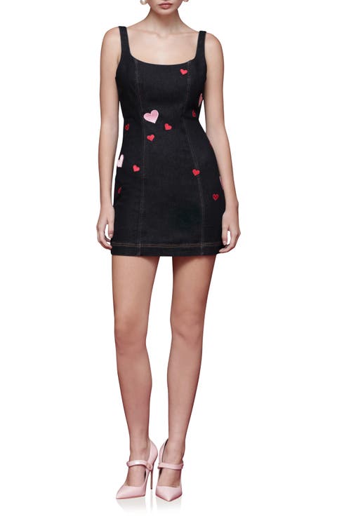 Heart Embroidered Paneled Denim Minidress