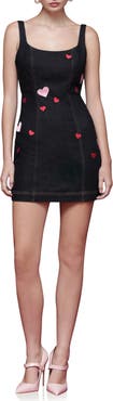 Avec Les Filles Heart Embroidered Paneled Denim Minidress