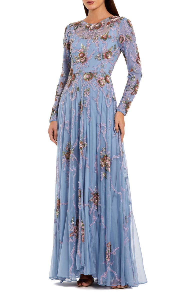 Mac Duggal Long Sleeve Embellished Floral A-Line Evening Gown, Main, color, Slate Blue