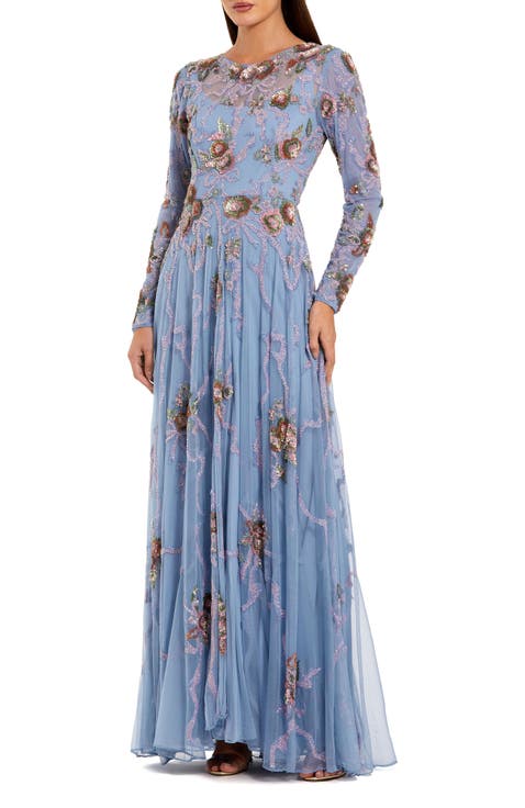Long Sleeve Embellished Floral A-Line Evening Gown