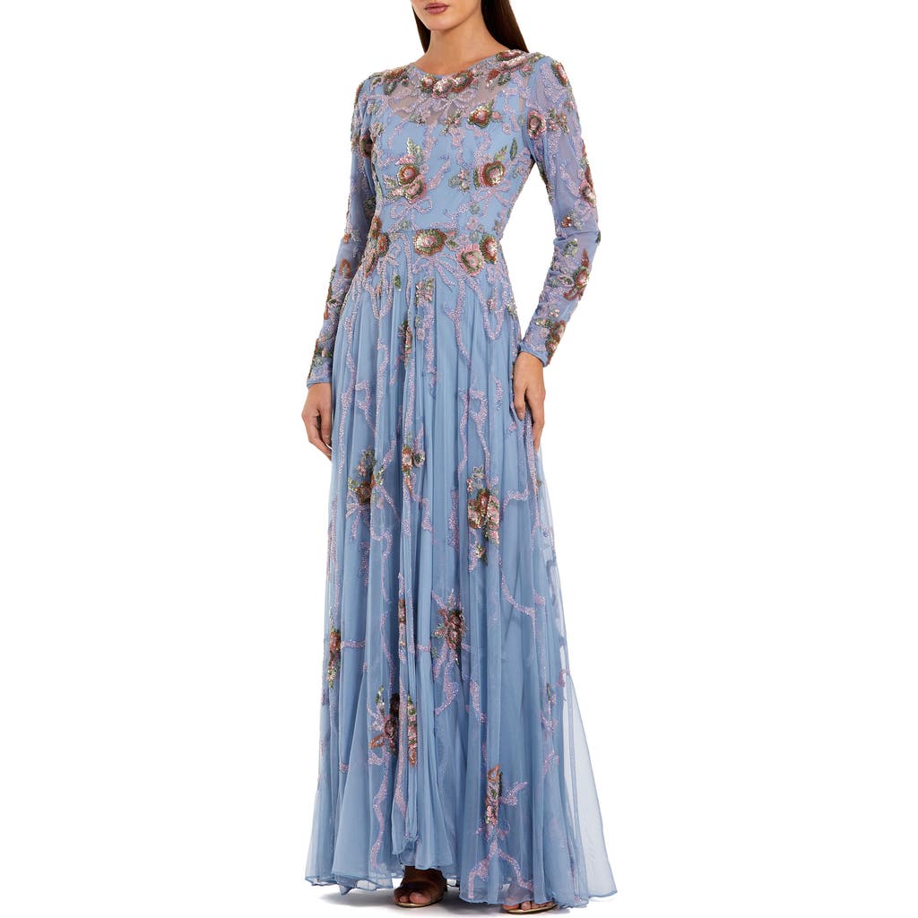 Mac Duggal Long Sleeve Embellished Floral A-Line Evening Gown in Slate Blue at Nordstrom, Size 10