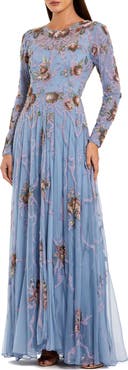 Mac Duggal Long Sleeve Embellished Floral A-Line Evening Gown