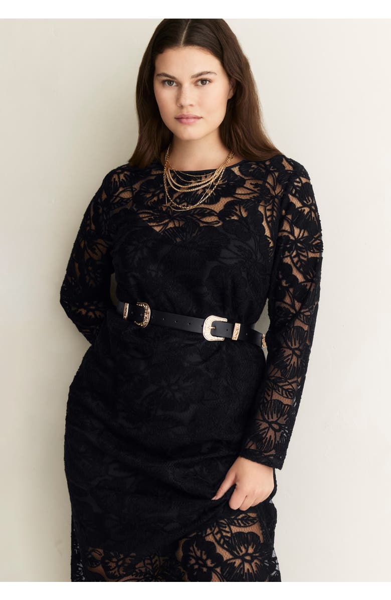 June + Vie Lined Lace Column Midi Dress, Alternate, color, Black Onyx