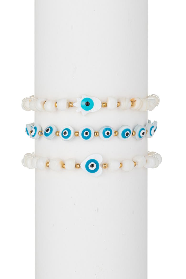 Santorini Evil Eye Beaded Bracelet Set, Main, color, WHITE