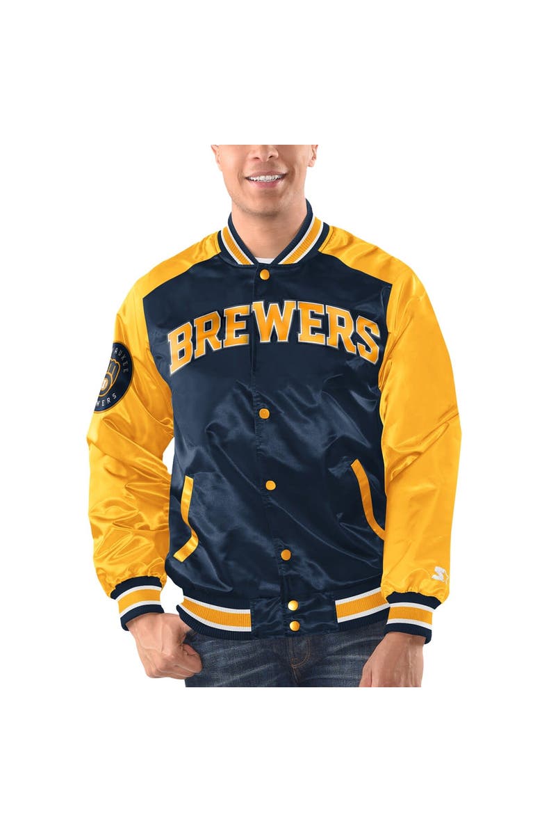 STARTER Men's Starter Navy/Gold Milwaukee Brewers Varsity Satin Full-Snap Jacket, Main, color, 
