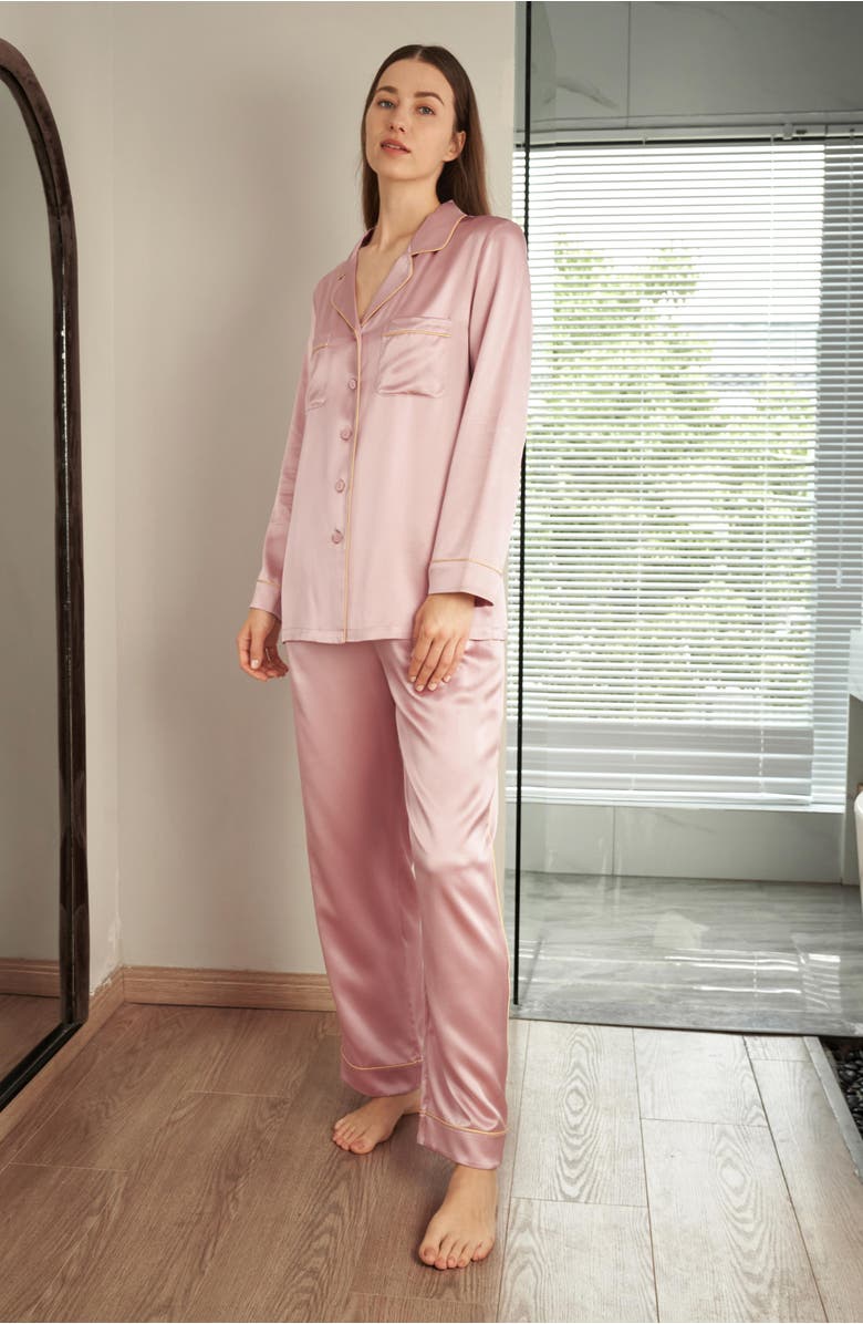 Lilysilk Gold Piping Silk Pajamas Set, Alternate, color, Rosy Pink