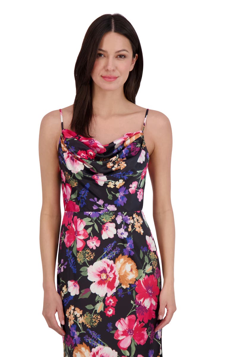 Vince Camuto Print Cowl Neck Satin Gown, Alternate, color, Black Multi