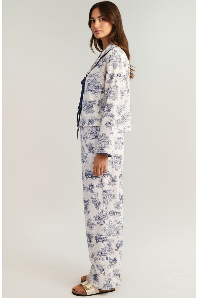 Printed Button-Up Pajama Set with Contrast Trim and Ribbon Tie, Alternate, color, Toile print