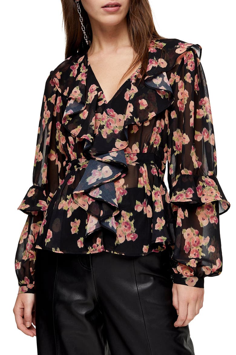Floral Print Ruffle Blouse, Main, color, BLACK MULTI