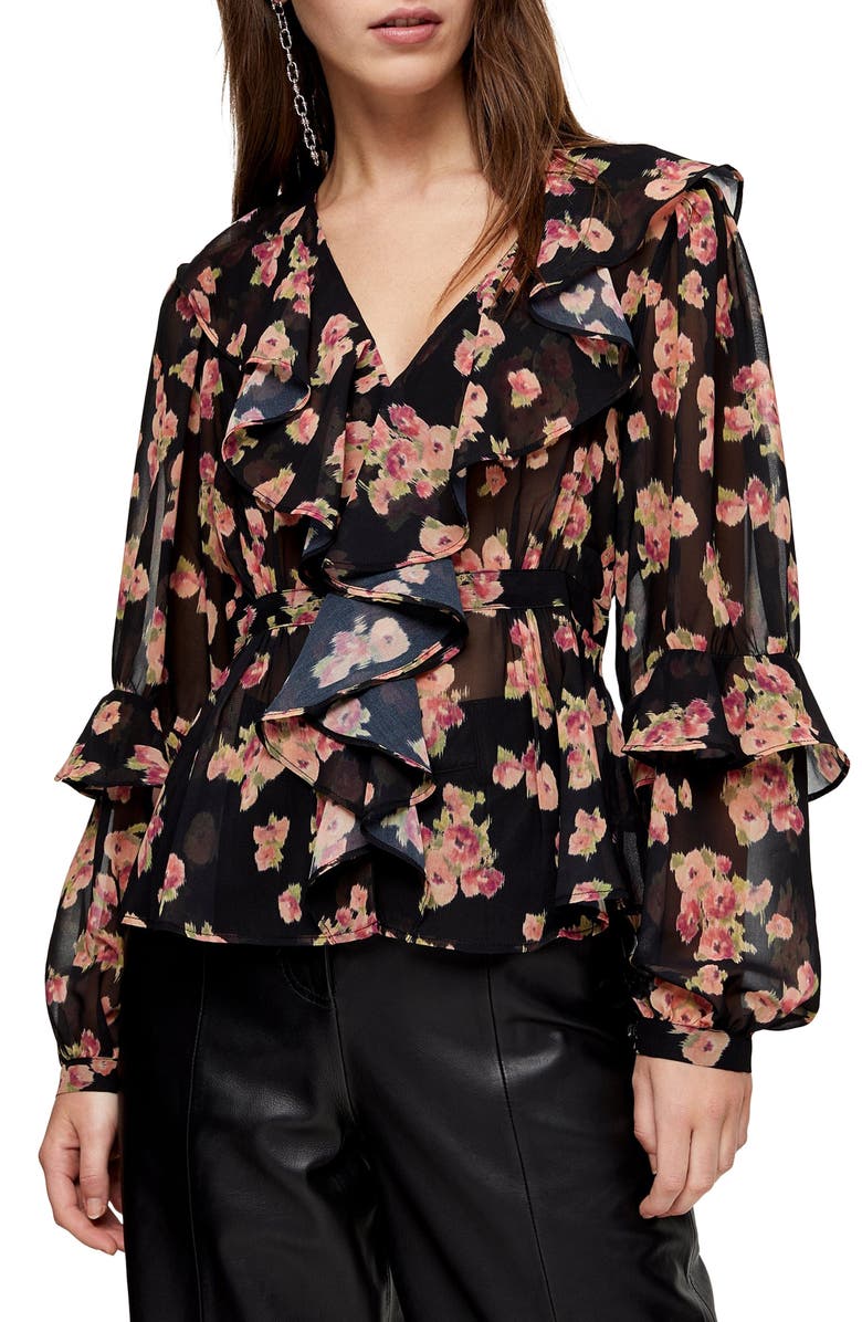 Topshop Floral Print Ruffle Blouse, Main, color, 