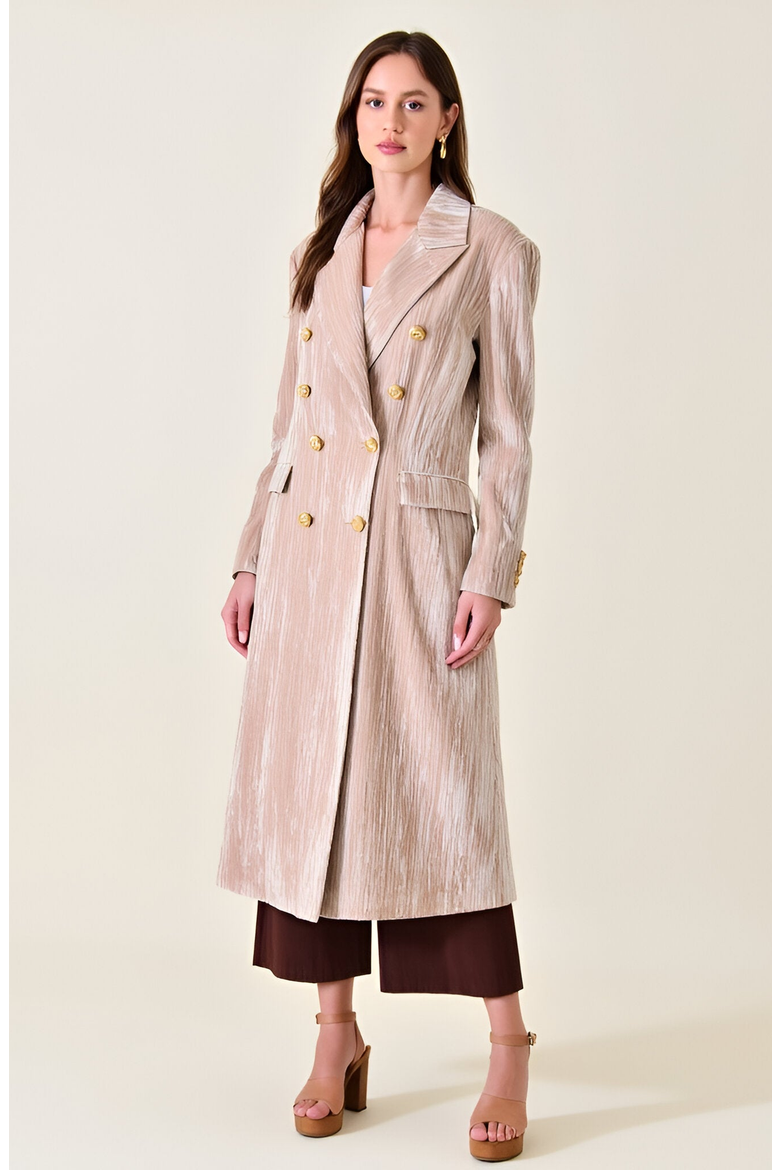 Velvet Double-Breasted Coat with Structured Lapels and Buttons, Main, color, Beige