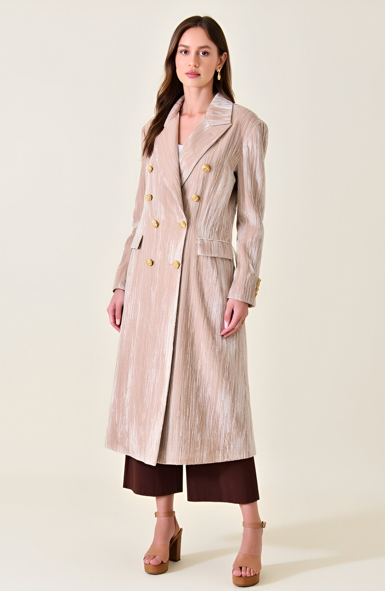 Modenaire Velvet Double-Breasted Coat with Structured Lapels and Buttons, Main, color, Beige