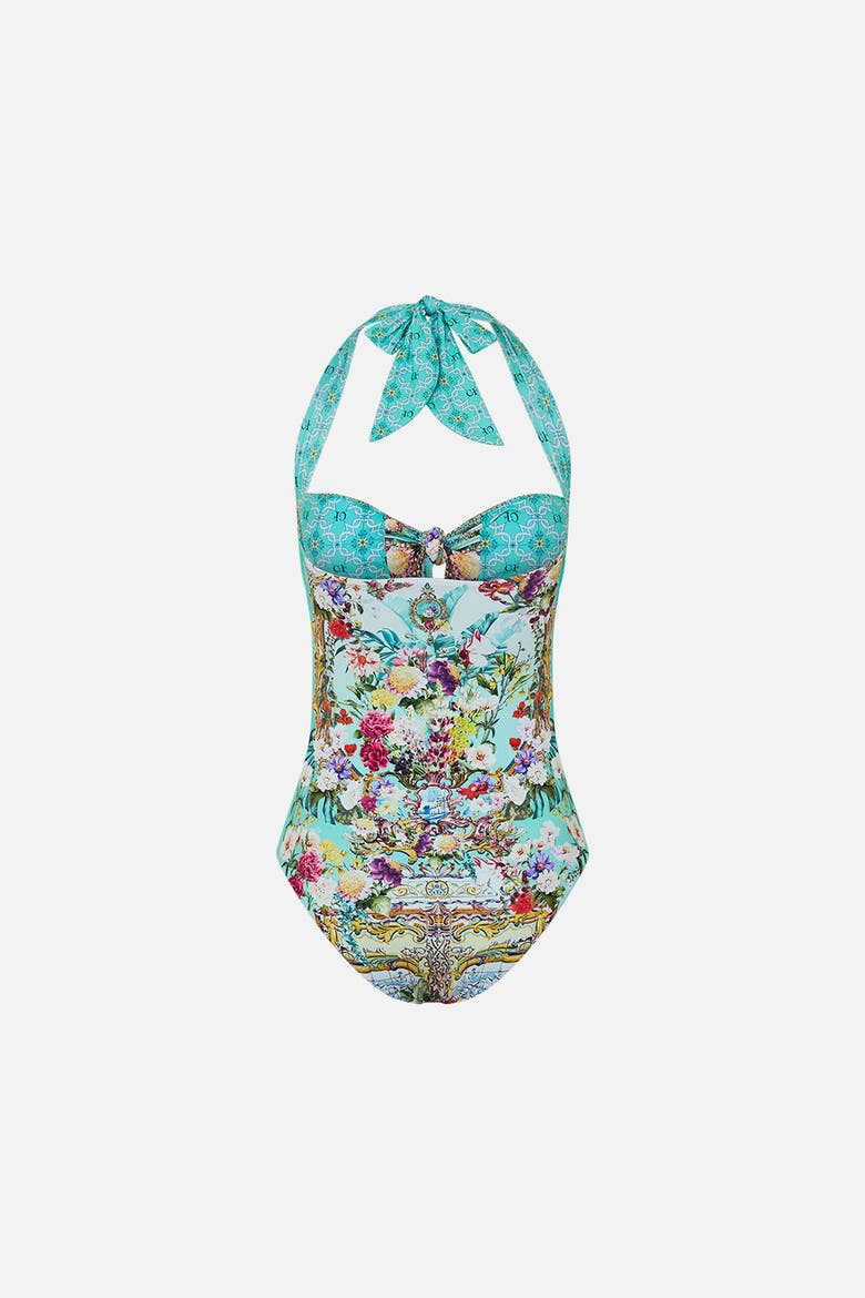 Tie Front Halter Neck One Piece Gardens Of Queluz, Alternate, color, Gardens Of Queluz