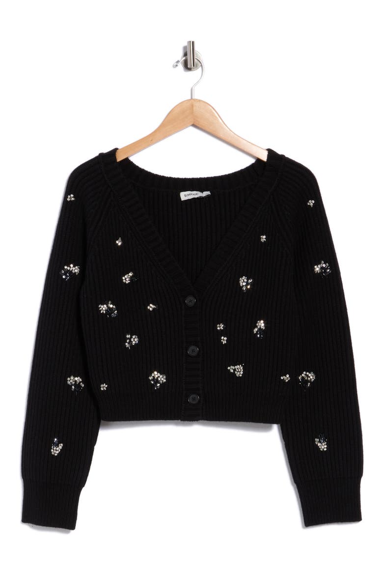 Novah Embellished Rib Cardigan, Main, color, BLACK