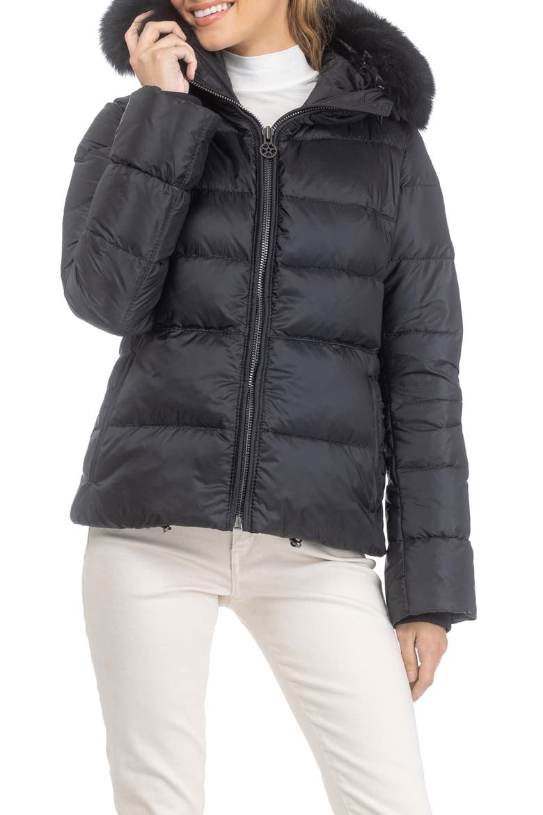 Apres-Ski Horizontal Short Parka with Detachable Toscana Lamb Hood Trim, Main, color, Black/Black