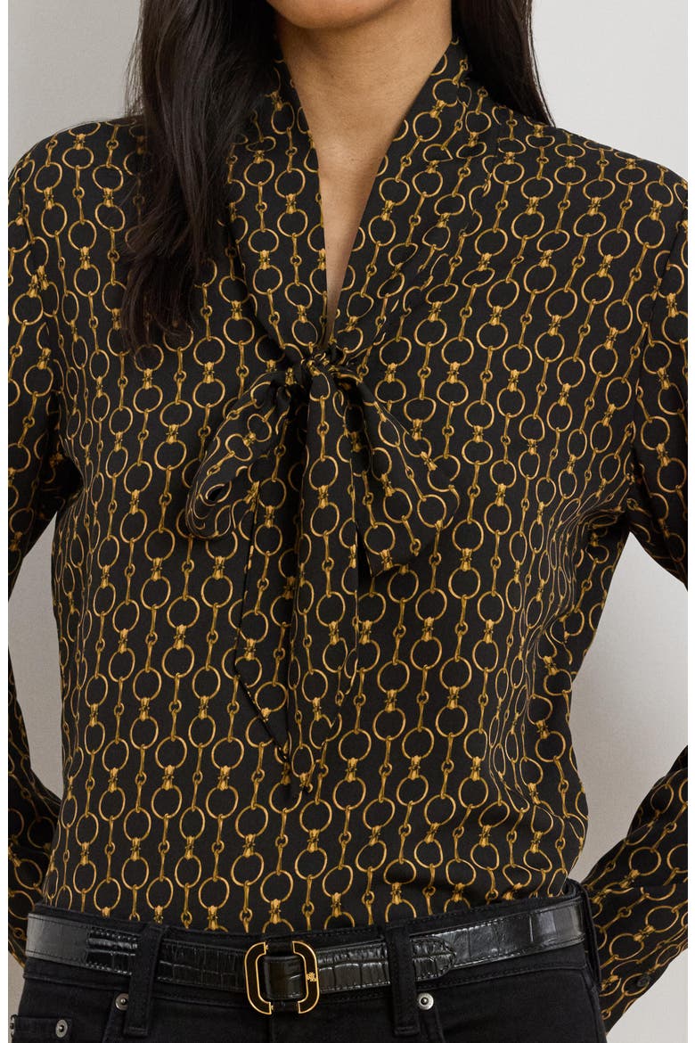 Chain Print Tie Neck Crêpe de Chine Top, Alternate, color, BLACK MULTI