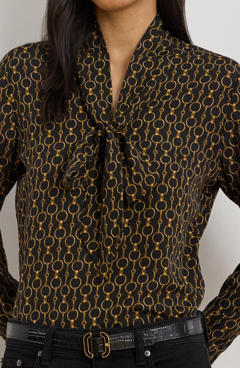 Lauren Ralph Lauren Chain Print Tie Neck Crêpe de Chine Top, Alternate, color, Black Multi