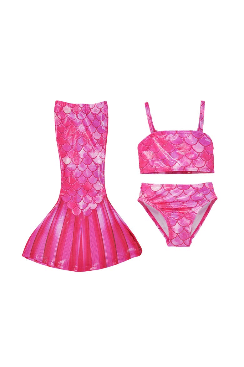 Girls UPF 50+ 3 Piece Mermaid Shell Swimsuit with Shimmer Effect, Main, color, Pink Splash