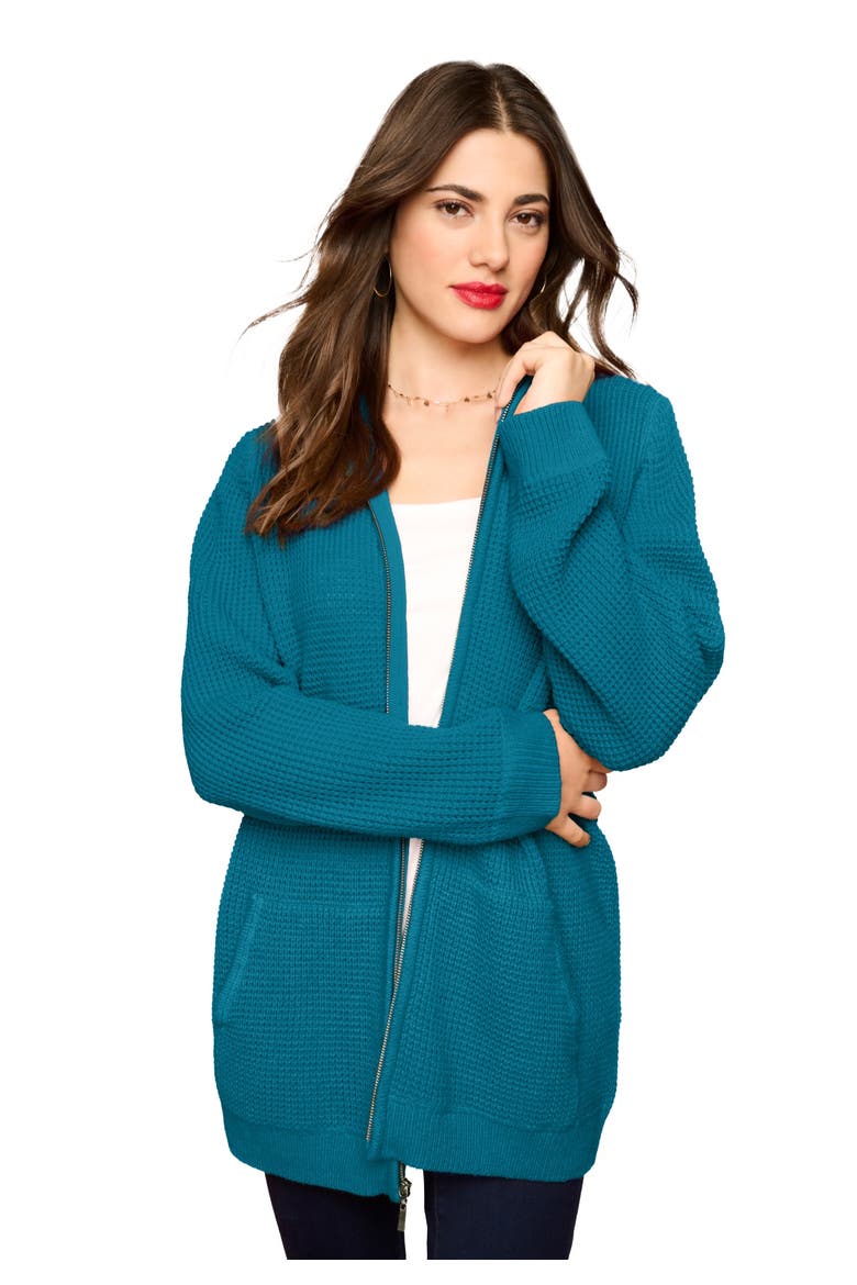 Plus Size Waffle Knit Zip Front Relaxed Hoodie, Main, color, DEEP TEAL