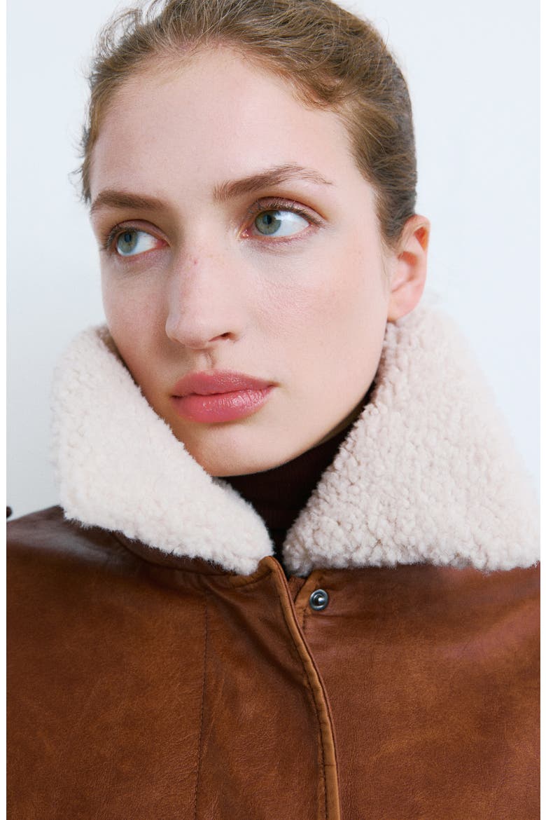 Faux Leather Jacket with Removable Faux Shearling Collar, Alternate, color, BROWN