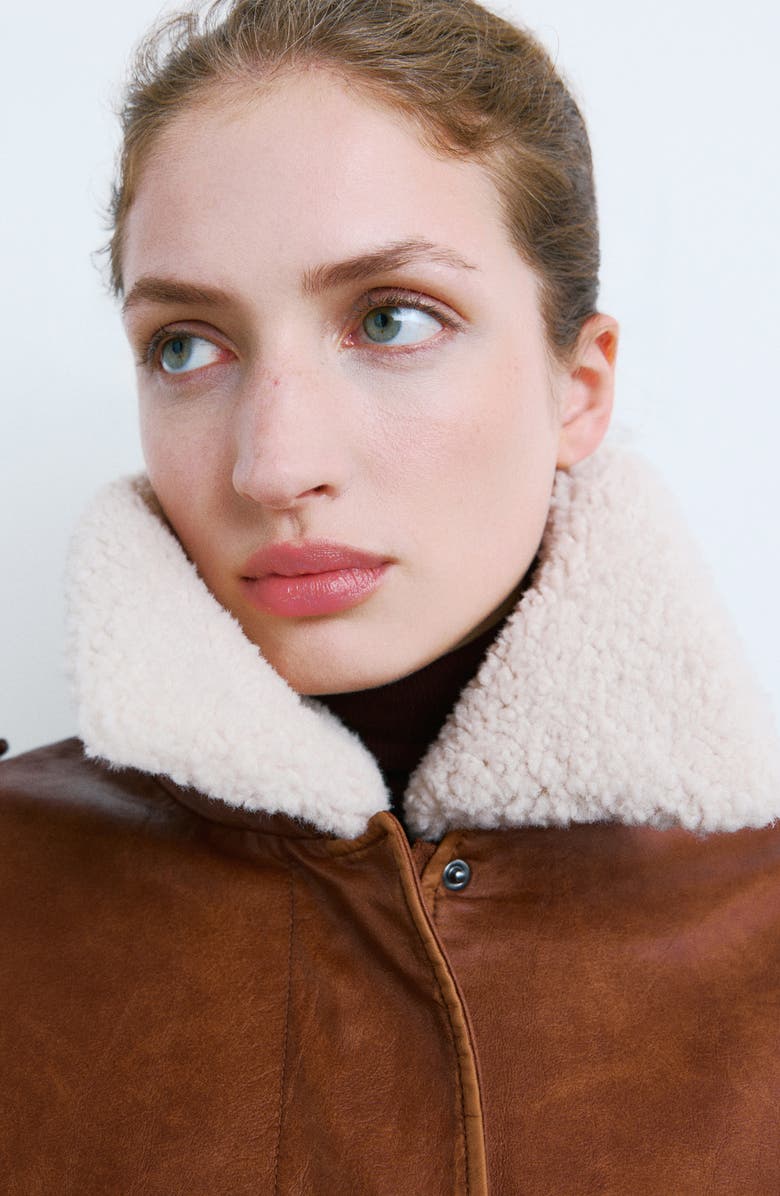 MANGO Faux Leather Jacket with Removable Faux Shearling Collar, Alternate, color, Brown