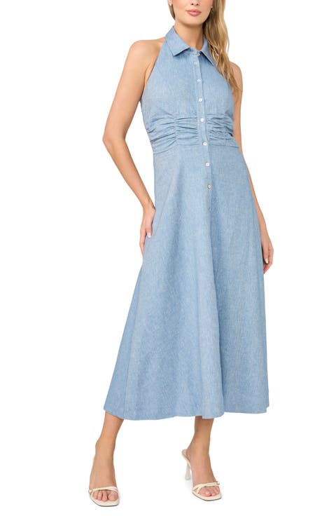 Button-Up Cotton & Linen Blend Halter Shirtdress