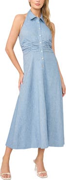 Halogen® Button-Up Cotton & Linen Blend Halter Shirtdress