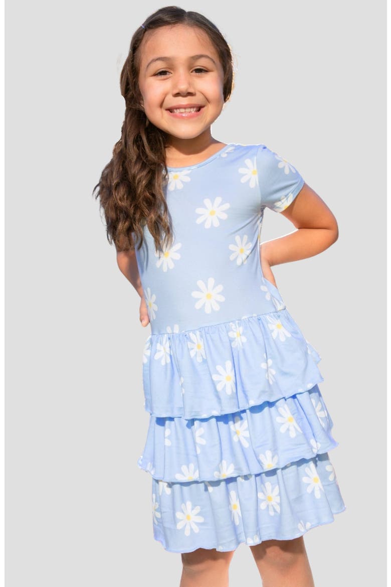 Kids' Short Sleeve Triple Ruffle Dress, Alternate, color, LIGHT BLUE DAISY