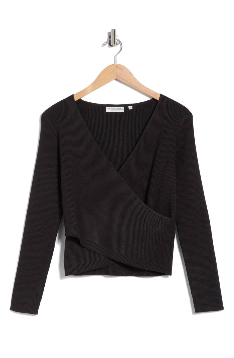 PATRIZIA LUCA Solid Faux Wrap Sweater, Alternate, color, Black
