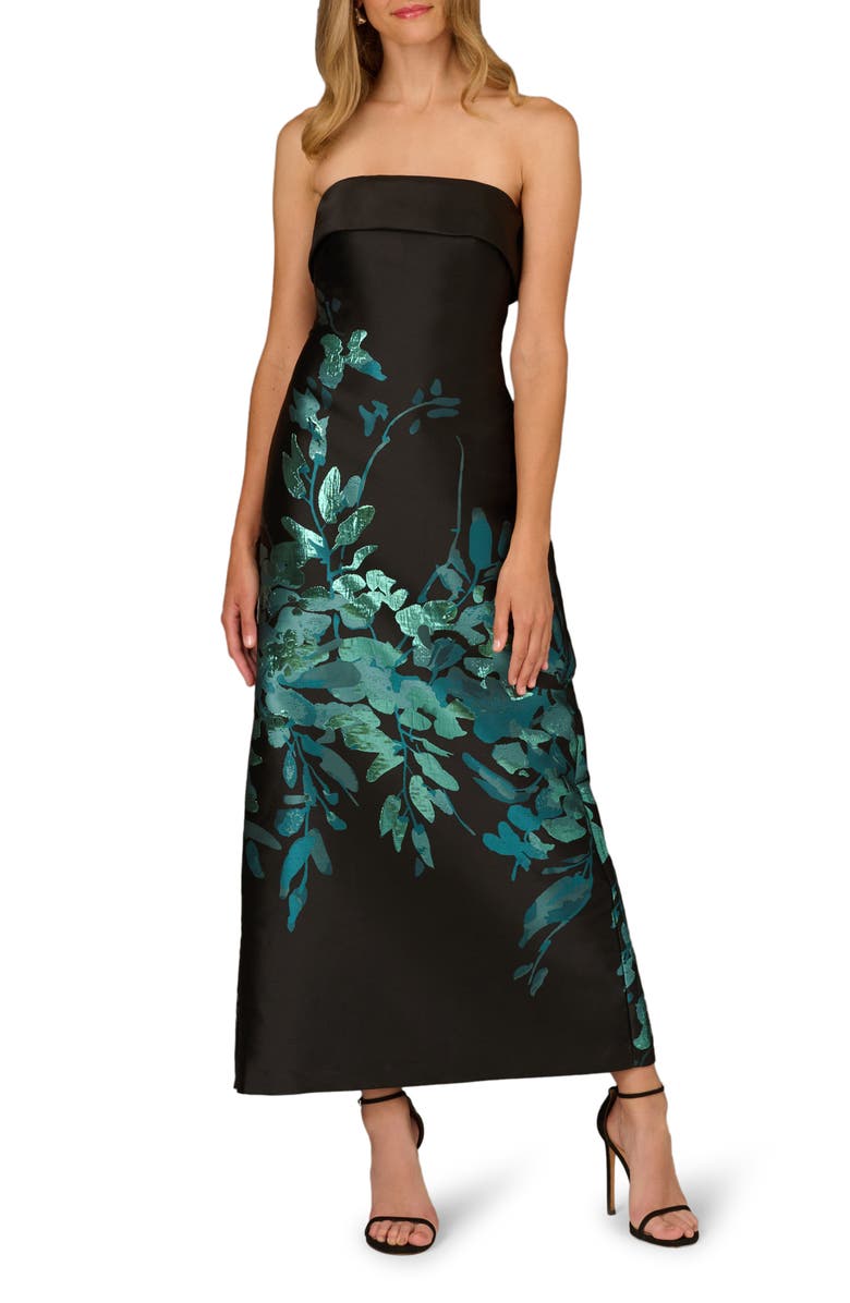 Aidan Mattox Metallic Floral Jacquard Strapless Gown, Main, color, Black/ Teal