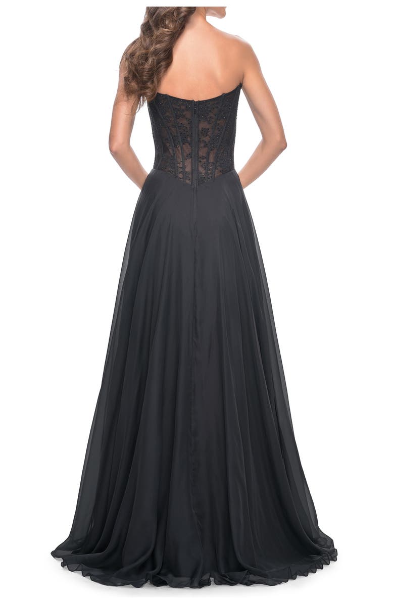 La Femme Strapless Chiffon Prom Gown with Lace Illusion Bodice, Alternate, color, Black