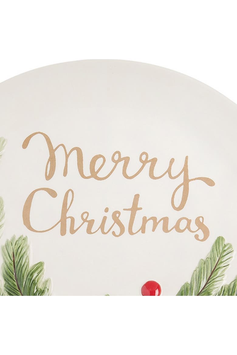 "Merry Christmas" Holly Branch & Pinecones Round Dolomite Decorative Platter 13", Alternate, color, White