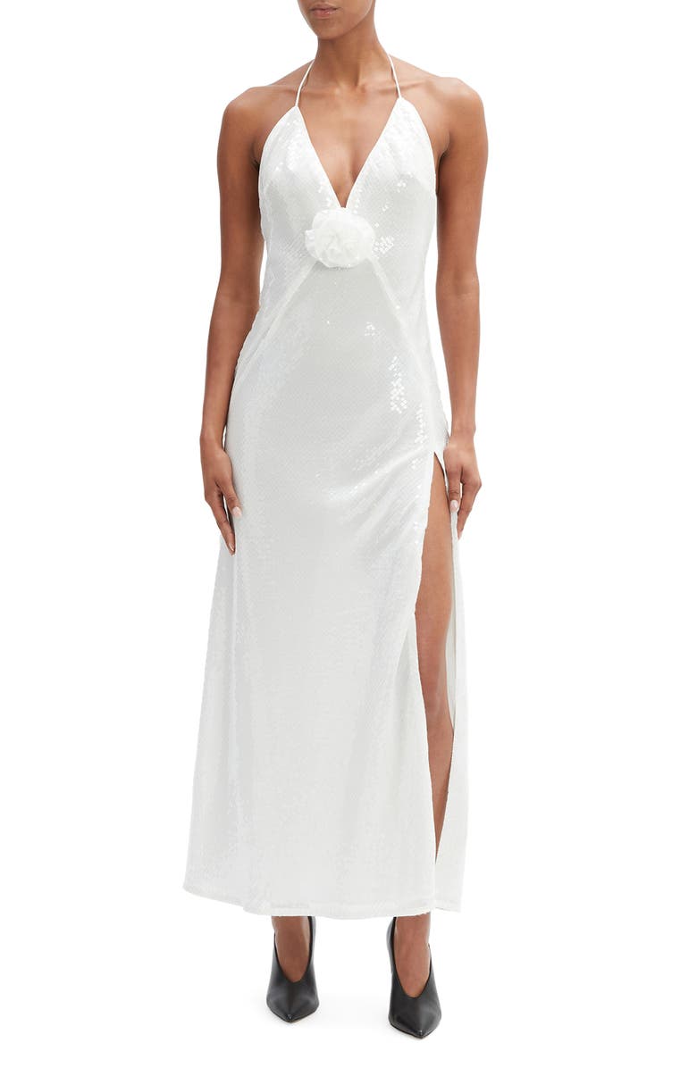 Bardot Aradia Rosette Sequin Plunge Halter Gown, Main, color, Orchid White