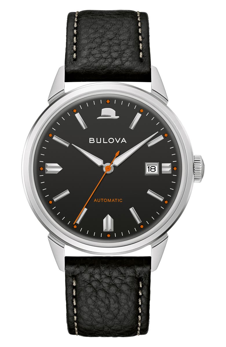 BULOVA Frank Sinatra Summer Wind Leather Strap Watch, 40mm, Main, color, Silver-Tone