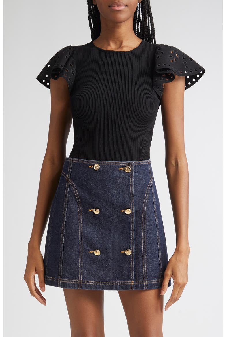 Edith Mixed Media Ruffle Sleeve Top, Main, color, NOIR