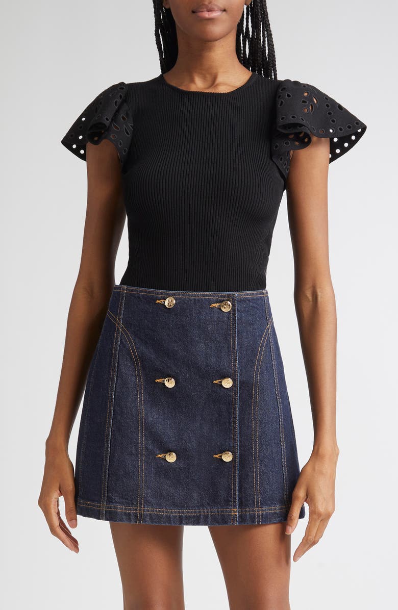 Ulla Johnson Edith Mixed Media Ruffle Sleeve Top, Main, color, Noir