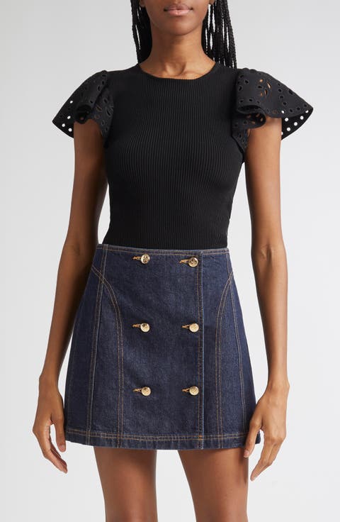 Edith Mixed Media Ruffle Sleeve Top