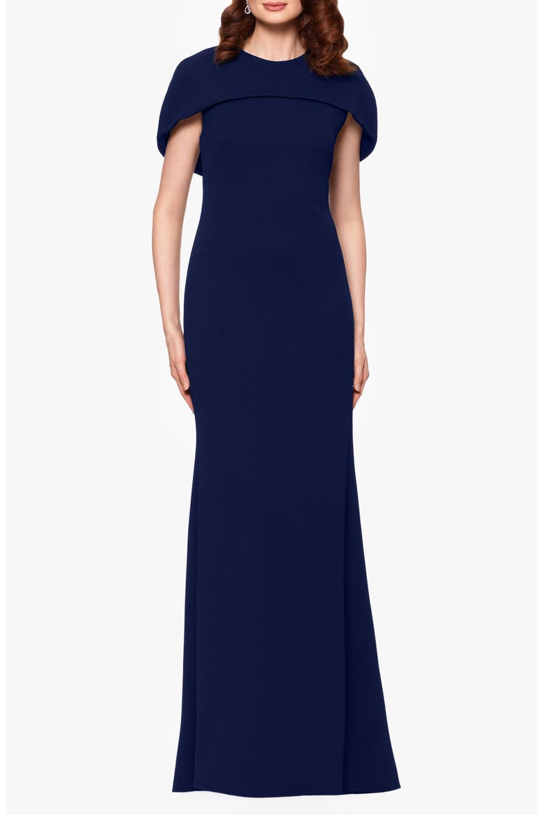 Cape Short Sleeve Scuba Crepe Gown, Alternate, color, NAVY